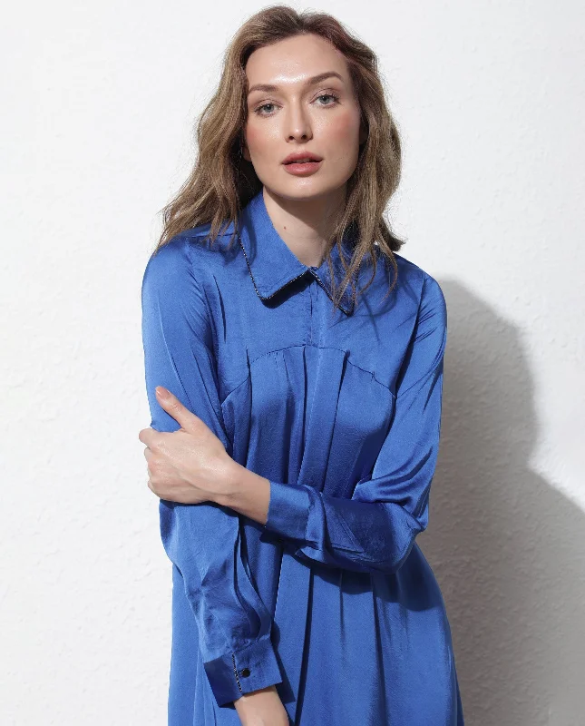 Rareism Women'S Galaxy Blue Shirt Collar Neck Full Sleeves With Back Zip Closure Satin Maxi Dress