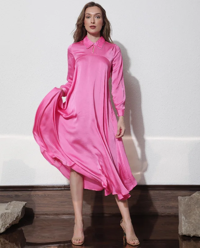 Rareism Women'S Galaxyy Fluorescent Pink Modal Fabric Full Sleeves Zip Closure Shirt Collar Regular Fit Plain Maxi Asymmetric Dress