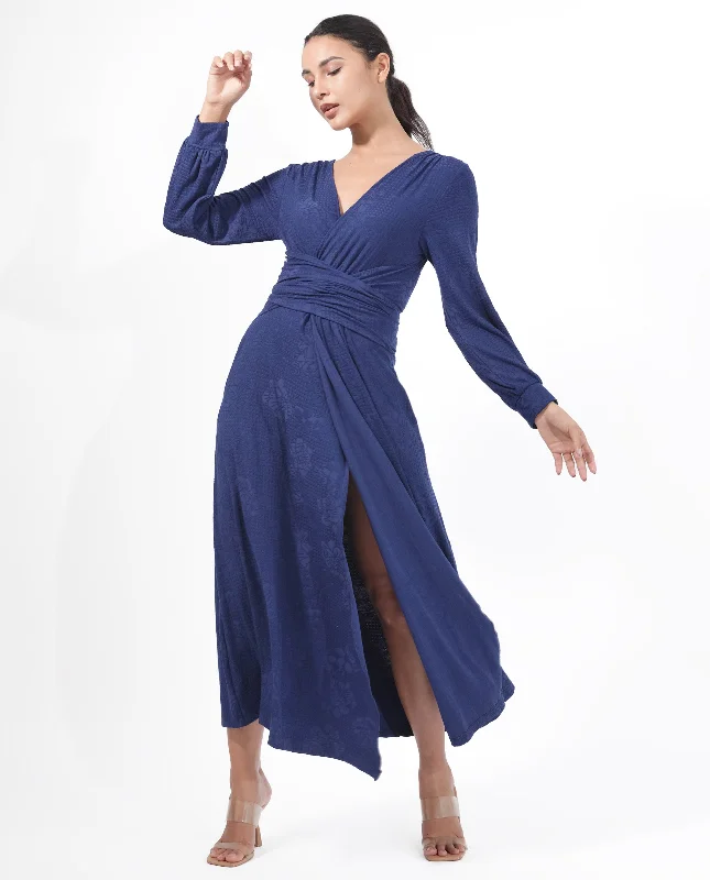 Rareism Women'S Harpa Navy Polyester Fabric Full Sleeves Tie-Up Closure V-Neck Bishop Sleeve Regular Fit Plain Maxi A-Line Dress