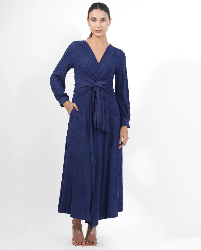 Rareism Women'S Harpa Navy Polyester Fabric Full Sleeves Tie-Up Closure V-Neck Bishop Sleeve Regular Fit Plain Maxi A-Line Dress