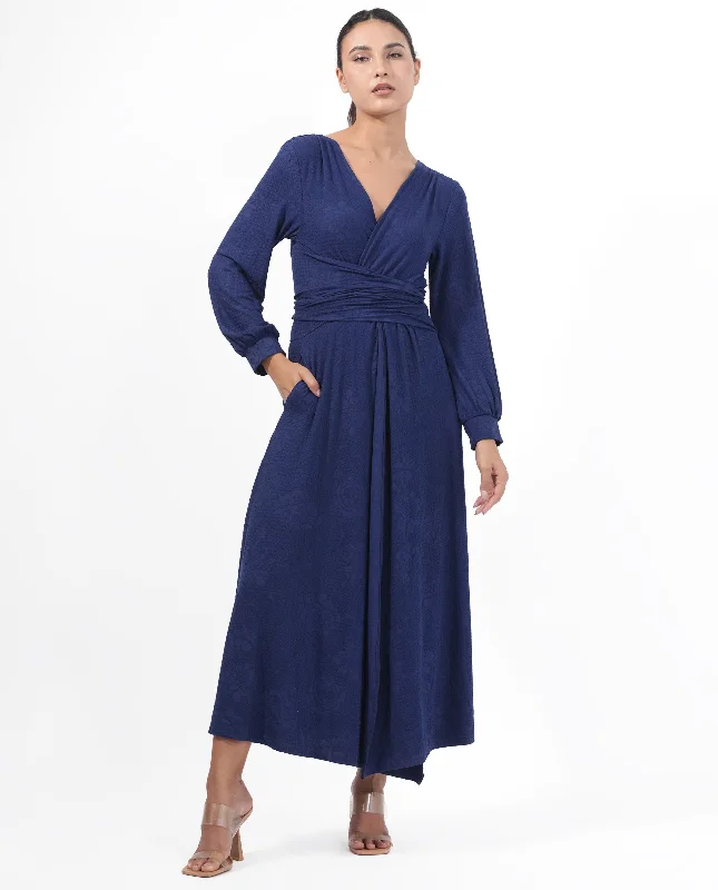 Rareism Women'S Harpa Navy Polyester Fabric Full Sleeves Tie-Up Closure V-Neck Bishop Sleeve Regular Fit Plain Maxi A-Line Dress