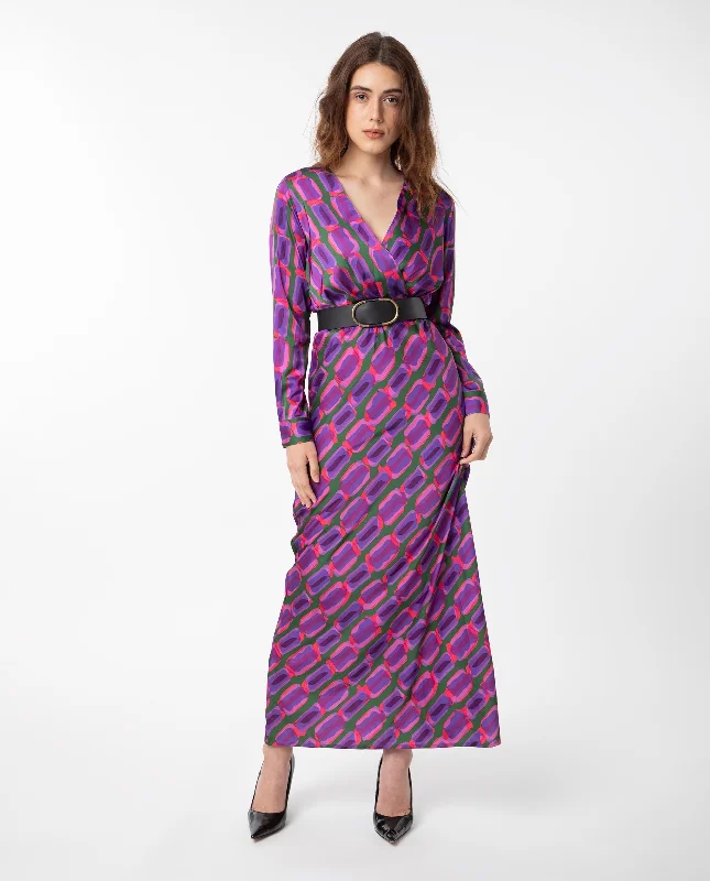 Rareism Women'S Kenra Purple Polyester Fabric Full Sleeves Relaxed Fit Geometric Print Maxi A-Line Dress