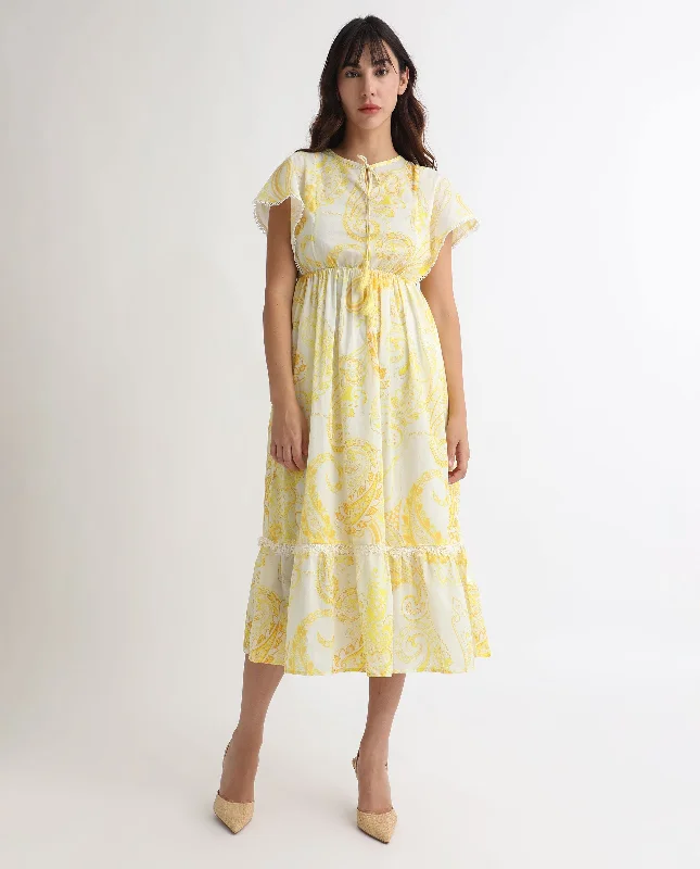 Rareism Women'S Lammer Light Yellow Cotton Fabric Short Sleeves Tie-Up Closure Tie-Up Neck Extended Sleeve Relaxed Fit Paisley Print Maxi Tiered Dress