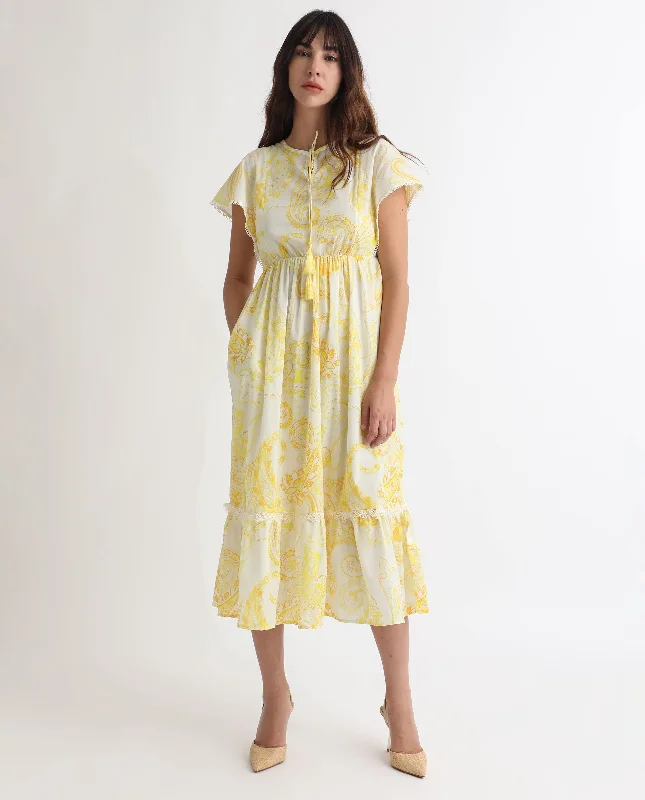 Rareism Women'S Lammer Light Yellow Cotton Fabric Short Sleeves Tie-Up Closure Tie-Up Neck Extended Sleeve Relaxed Fit Paisley Print Maxi Tiered Dress