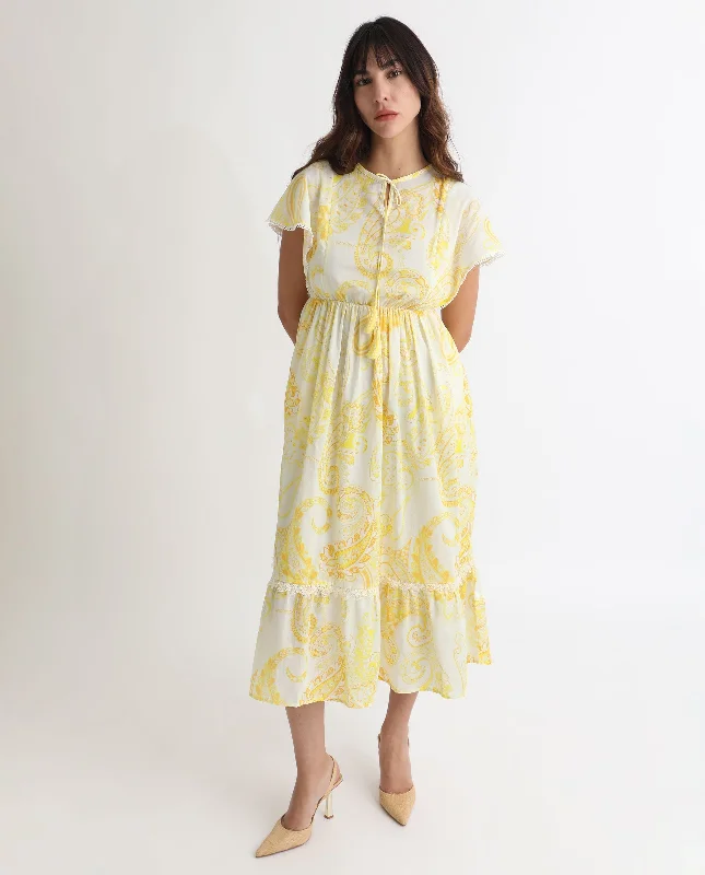 Rareism Women'S Lammer Light Yellow Cotton Fabric Short Sleeves Tie-Up Closure Tie-Up Neck Extended Sleeve Relaxed Fit Paisley Print Maxi Tiered Dress