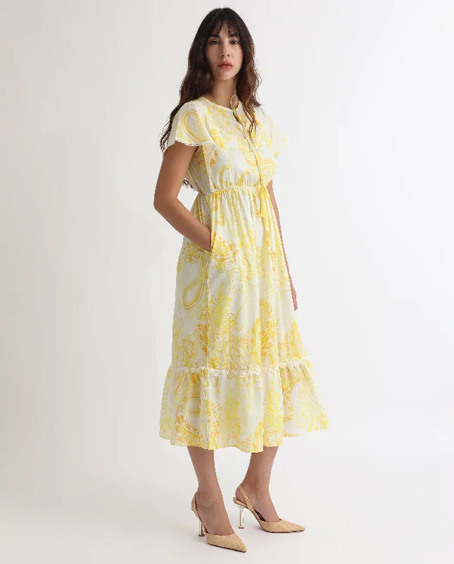 Rareism Women'S Lammer Light Yellow Cotton Fabric Short Sleeves Tie-Up Closure Tie-Up Neck Extended Sleeve Relaxed Fit Paisley Print Maxi Tiered Dress