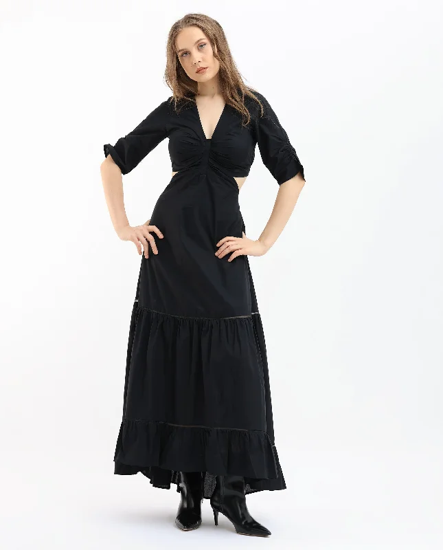 Rareism Women'S Lesman Black Cotton Fabric Short Sleeves V-Neck Puff Sleeve Fit And Flare Plain Maxi Dress