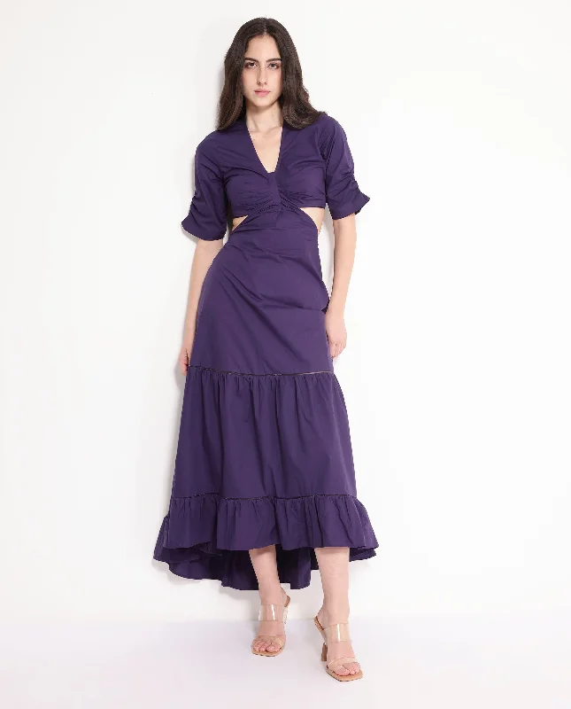 Rareism Women's Lesman Dark Purple Puff Sleeves V-Neck Fit And Flare Maxi Plain Dress