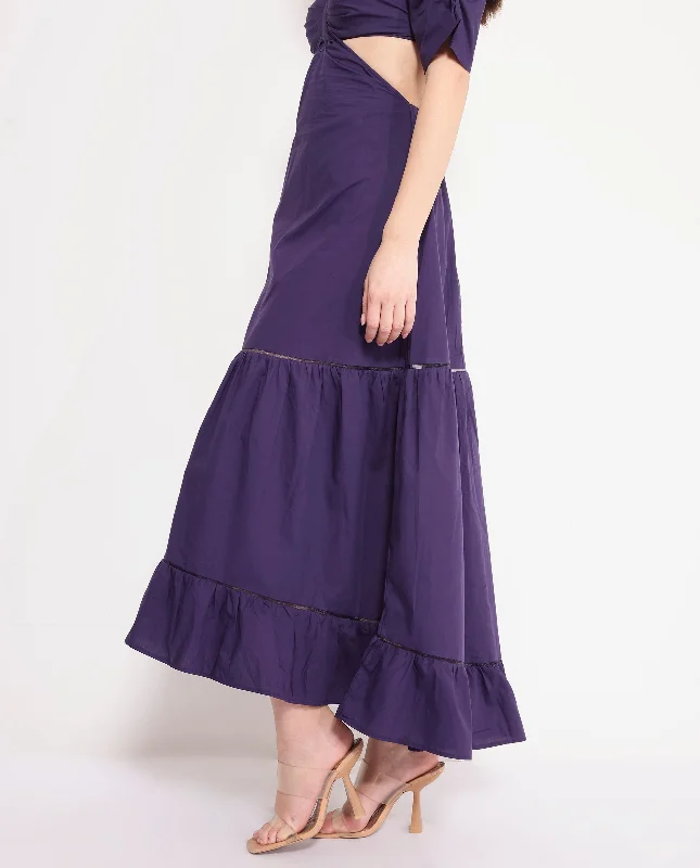 Rareism Women's Lesman Dark Purple Puff Sleeves V-Neck Fit And Flare Maxi Plain Dress