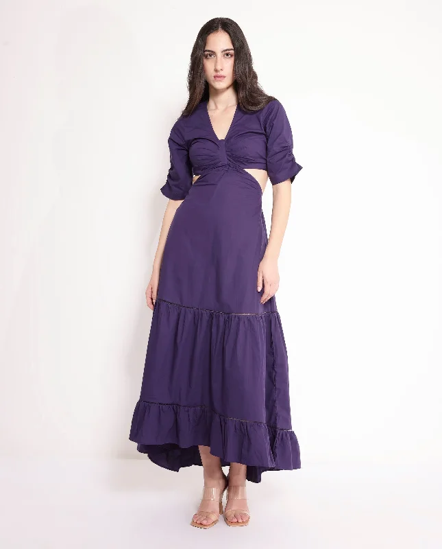 Rareism Women's Lesman Dark Purple Puff Sleeves V-Neck Fit And Flare Maxi Plain Dress