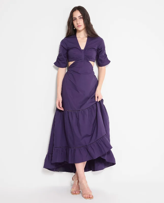 Rareism Women's Lesman Dark Purple Puff Sleeves V-Neck Fit And Flare Maxi Plain Dress