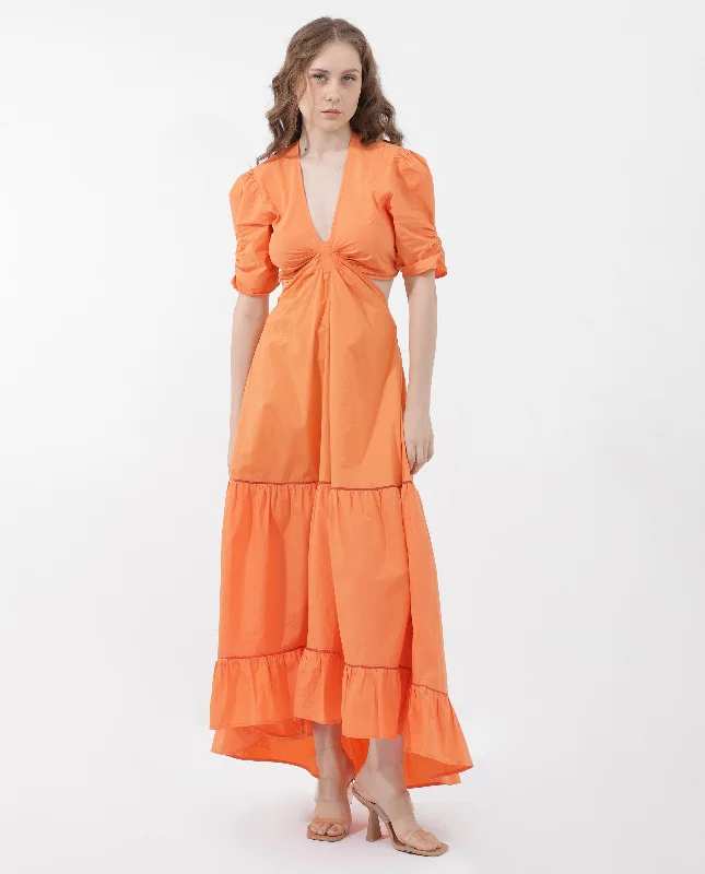 Rareism Women'S Lesman Orange Cotton Fabric Short Sleeve V-Neck Solid Longline Dress