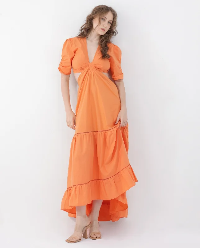 Rareism Women'S Lesman Orange Cotton Fabric Short Sleeve V-Neck Solid Longline Dress