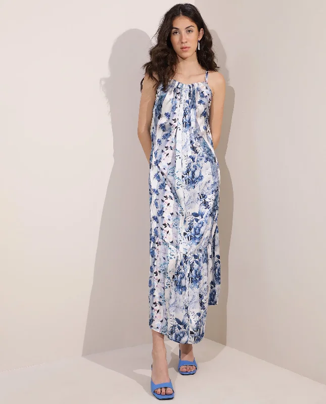 Rareism Women'S Macy Light Blue Polyester Fabric Sleeveless Shoulder Straps Regular Fit Floral Print Maxi Dress