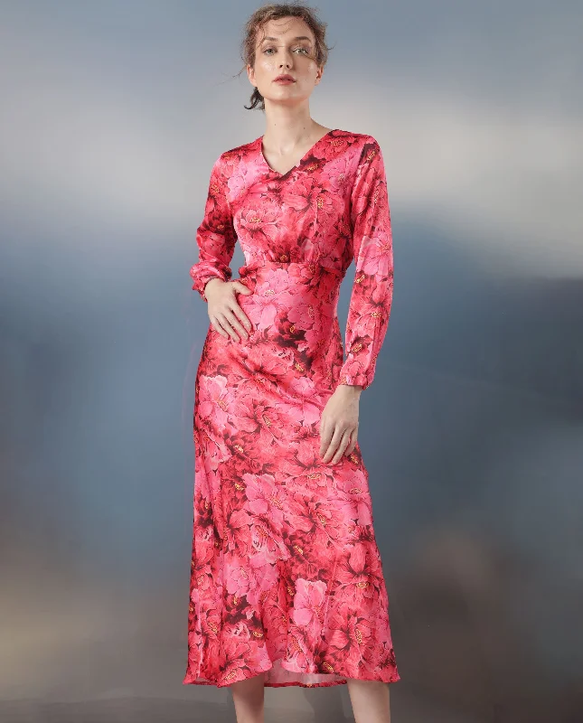 Rareism Women'S Merlot Maroon Cotton Fabric Full Sleeves V-Neck Regular Fit Floral Print Maxi Empire Dress