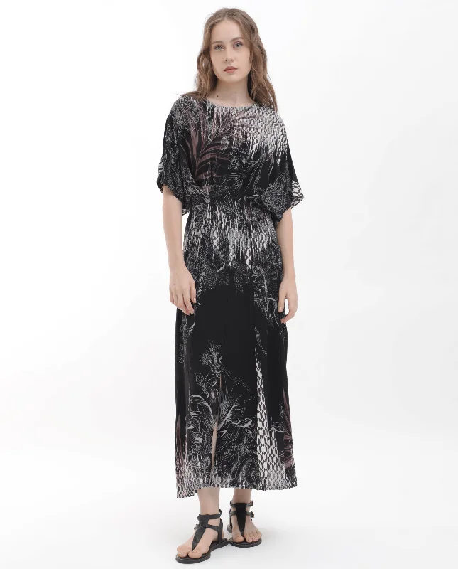 Rareism Women'S Rufus Black Polyester Fabric Short Sleeves Round Neck Relaxed Fit Abstract Print Midi Dress