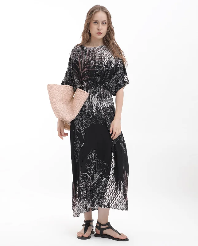 Rareism Women'S Rufus Black Polyester Fabric Short Sleeves Round Neck Relaxed Fit Abstract Print Midi Dress