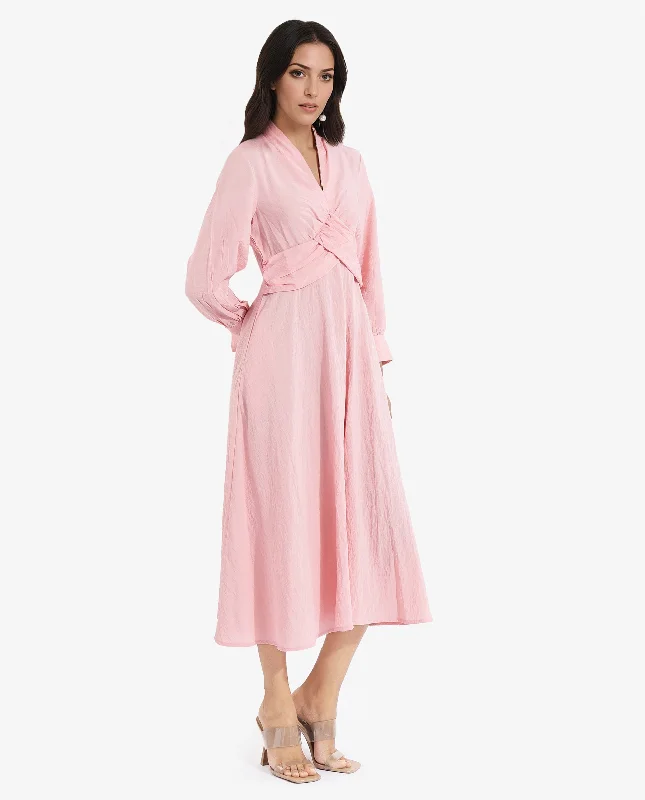 Rareism Women's Samran Peach Bishop Sleeve V-Neck  Fit And Flare Maxi Plain Dress