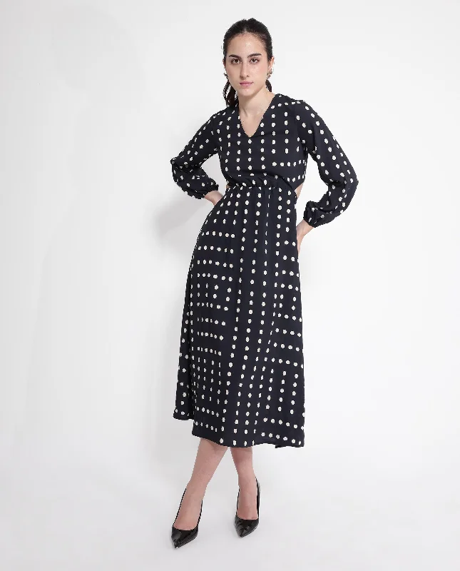 Rareism Women's Sassari Black Bishop Sleeve V-Neck Tie Up A-Line Polka Print Maxi Dress