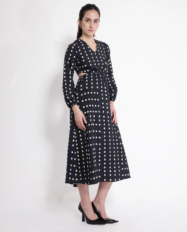 Rareism Women's Sassari Black Bishop Sleeve V-Neck Tie Up A-Line Polka Print Maxi Dress