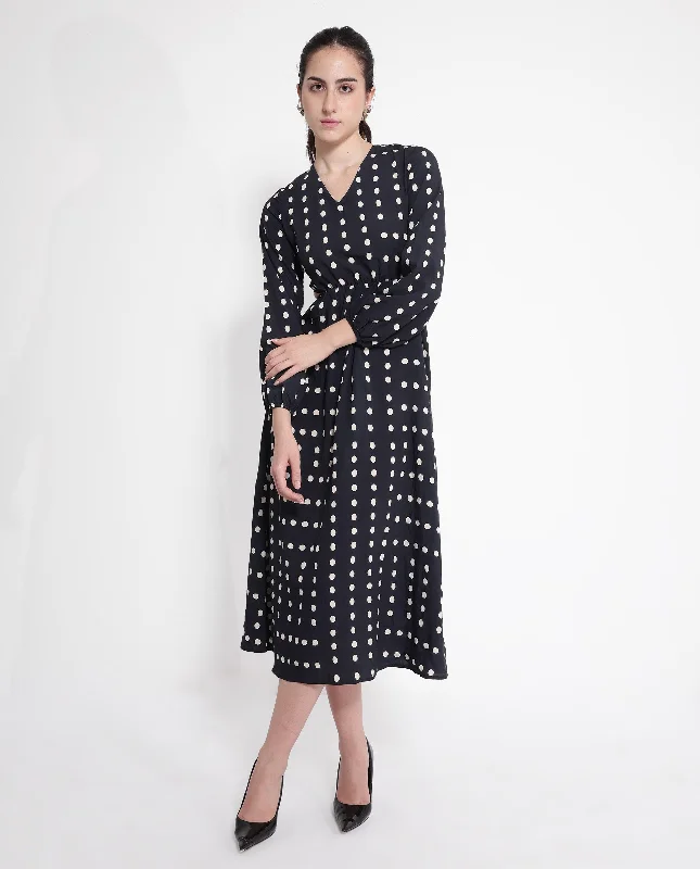 Rareism Women's Sassari Black Bishop Sleeve V-Neck Tie Up A-Line Polka Print Maxi Dress