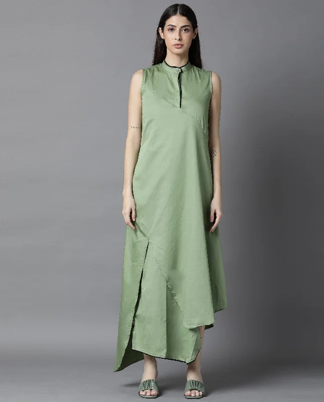 Rareism Women'S Shore Green Band Collar Sleeveless Front Button Closure Placket Asymmetric Panel Maxi Dress