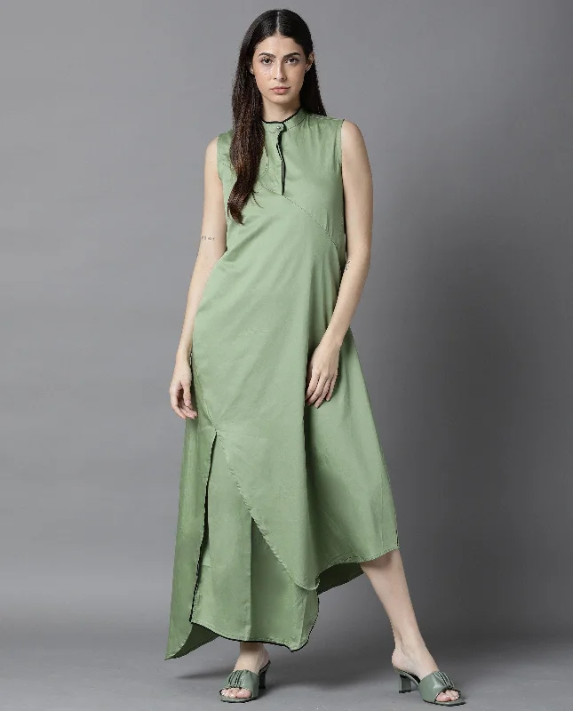 Rareism Women'S Shore Green Band Collar Sleeveless Front Button Closure Placket Asymmetric Panel Maxi Dress