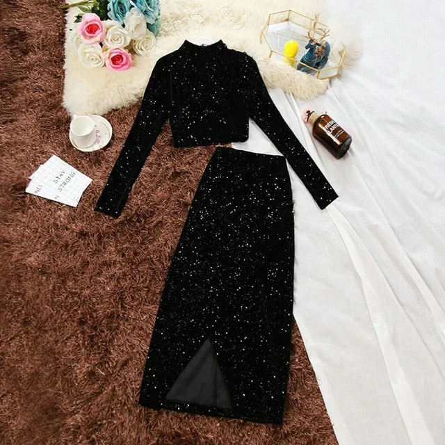 2019 winter new women o-neck sequined velvet shirt + high waist split bling bag buttocks long skirt suit female two piece set