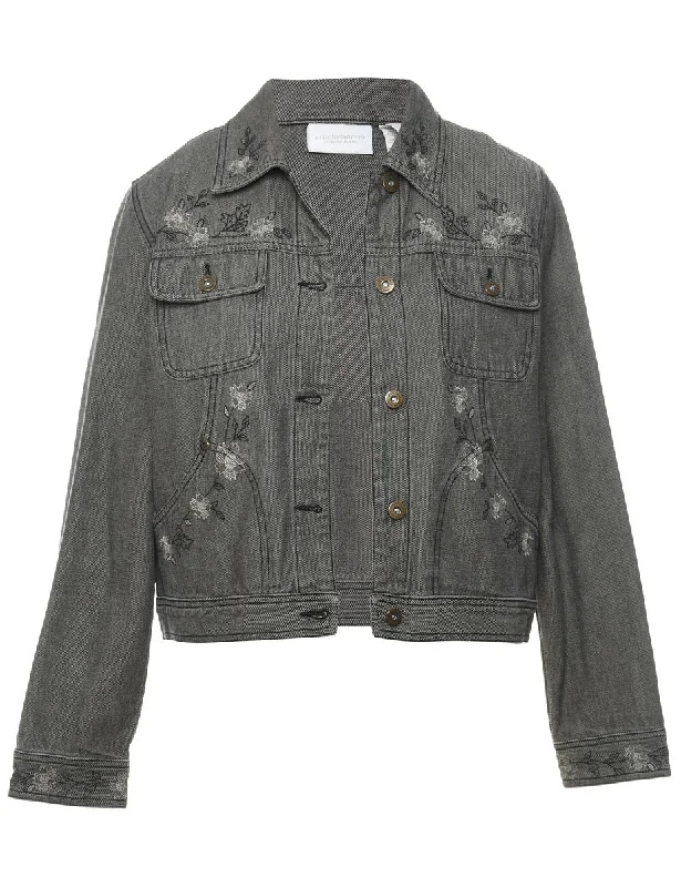 Black 1990s Distressed Embroidered Floral Denim Jacket - M