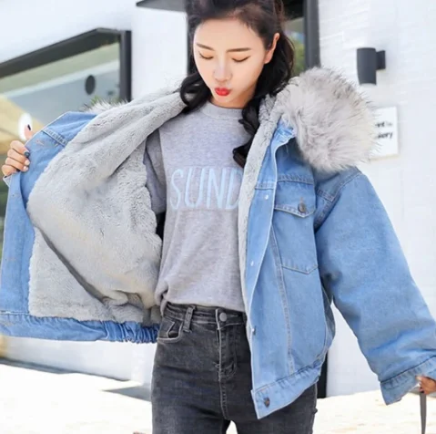 Blue Fur Collar Denim Jacket For Women