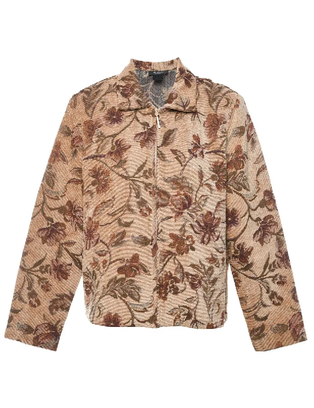 Floral Pattern Light Brown & Beige Tapestry Jacket - M