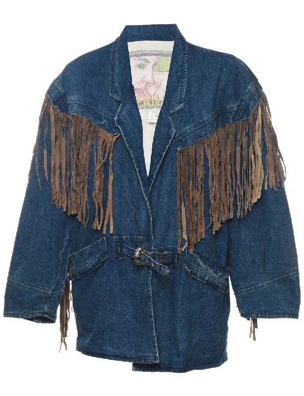 Fringed 1980s Medium Wash Denim Jacket - M