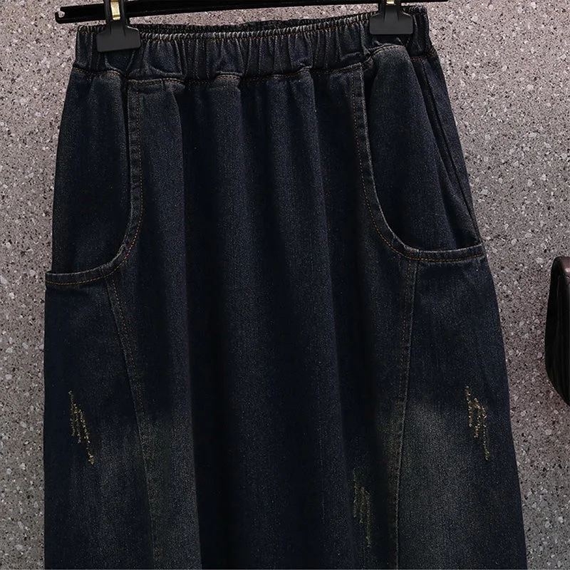 Loose Spring High Elastic Waist Denim Skirt