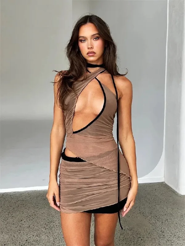 Women Mesh Crop Top with Ruched Skirt Set