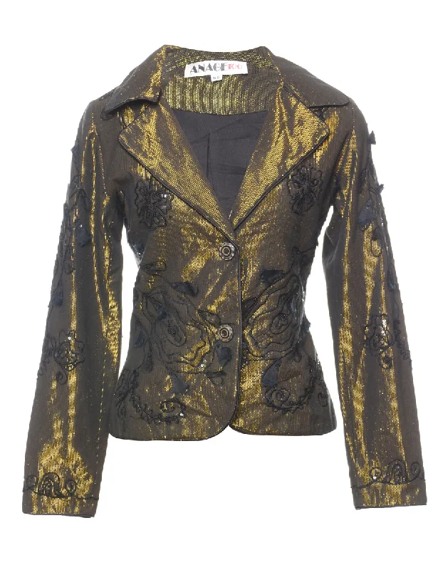 Metallic Finish Olive Green 1990s Sequined Blazer - XS