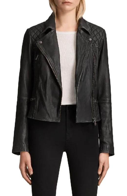 Quilted Black Biker Slim Fit Leather Jacket For Women