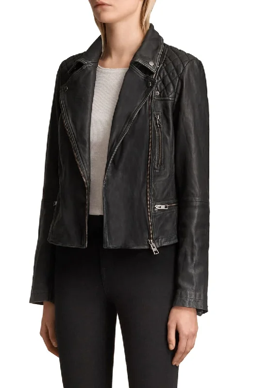 Quilted Black Biker Slim Fit Leather Jacket For Women