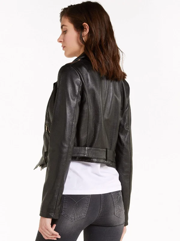 Short-Touch Women's Black Biker Leather Jacket