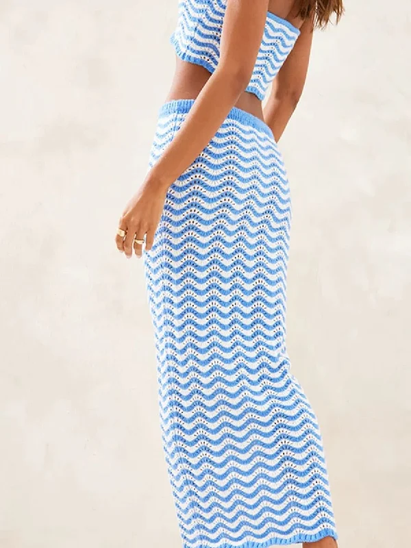 Strapless Knit Crop Tube Tops+Long Skirt Beachwear Sets