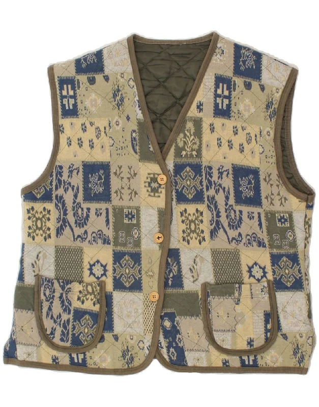 VINTAGE Womens Quilted Gilet UK 14 Large Beige Patchwork Cotton