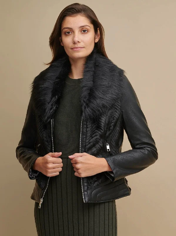 Women Faux Fur Black Leather Jacket