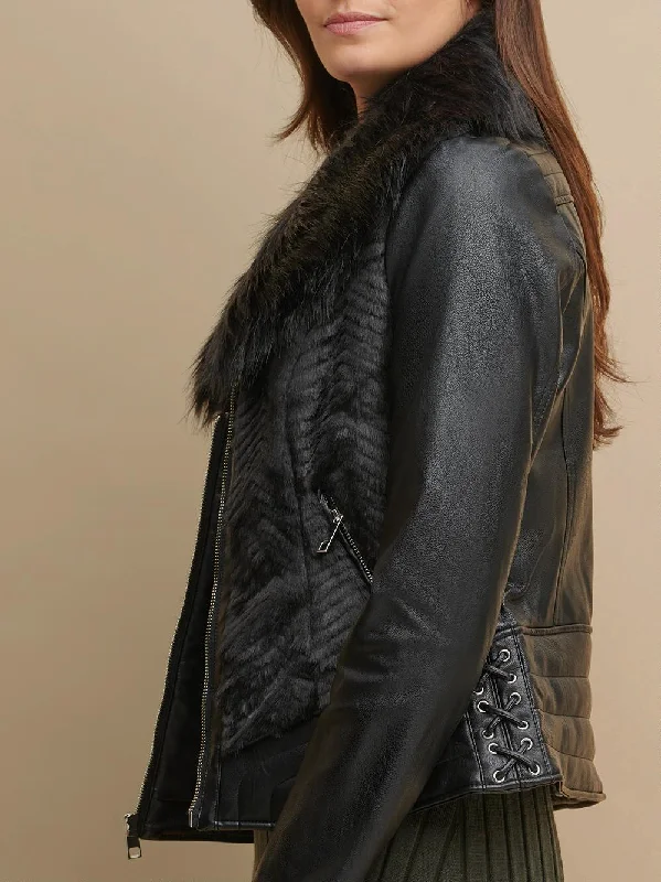 Women Faux Fur Black Leather Jacket