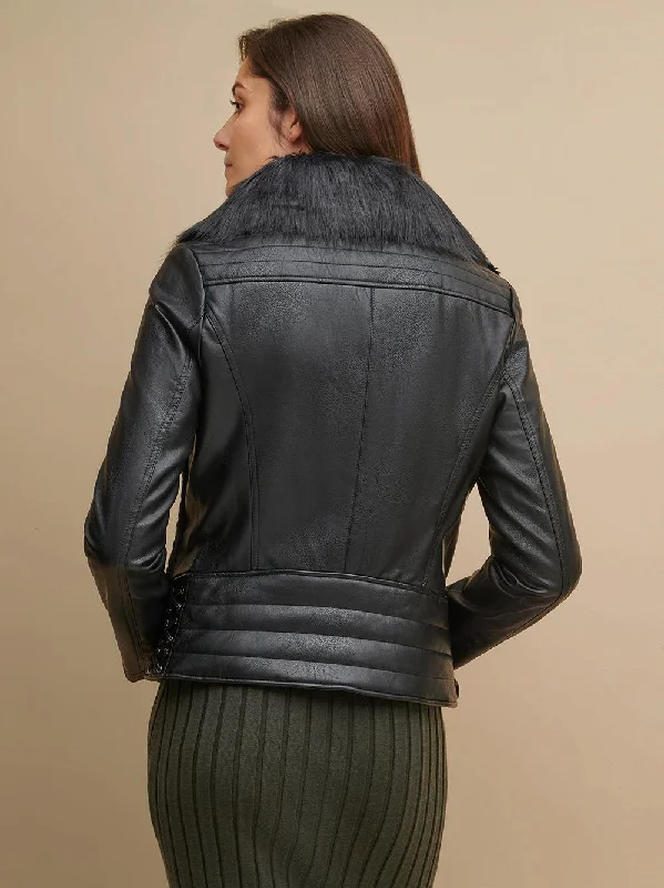 Women Faux Fur Black Leather Jacket