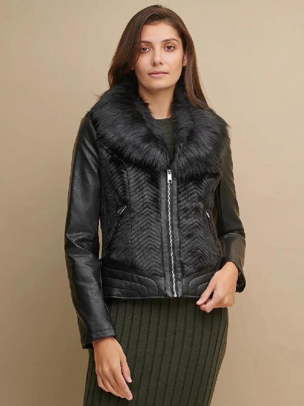 Women Faux Fur Black Leather Jacket