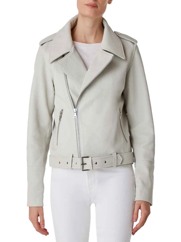 Women Zipper Smooth White Leather Jacket