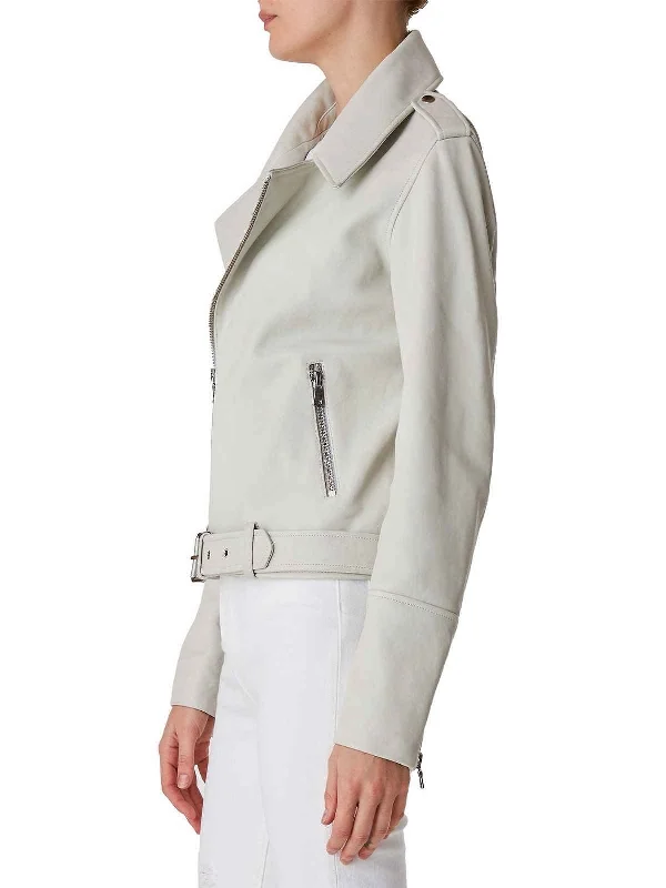 Women Zipper Smooth White Leather Jacket