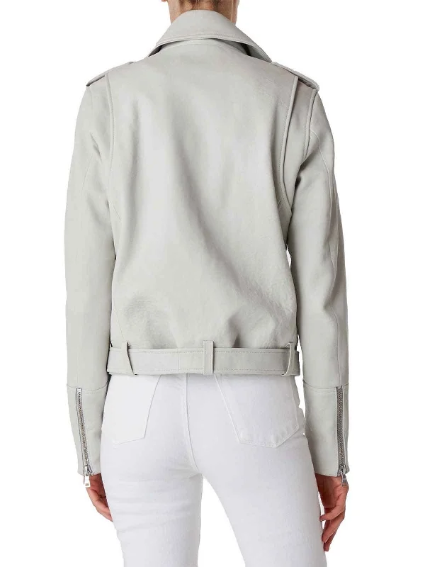 Women Zipper Smooth White Leather Jacket