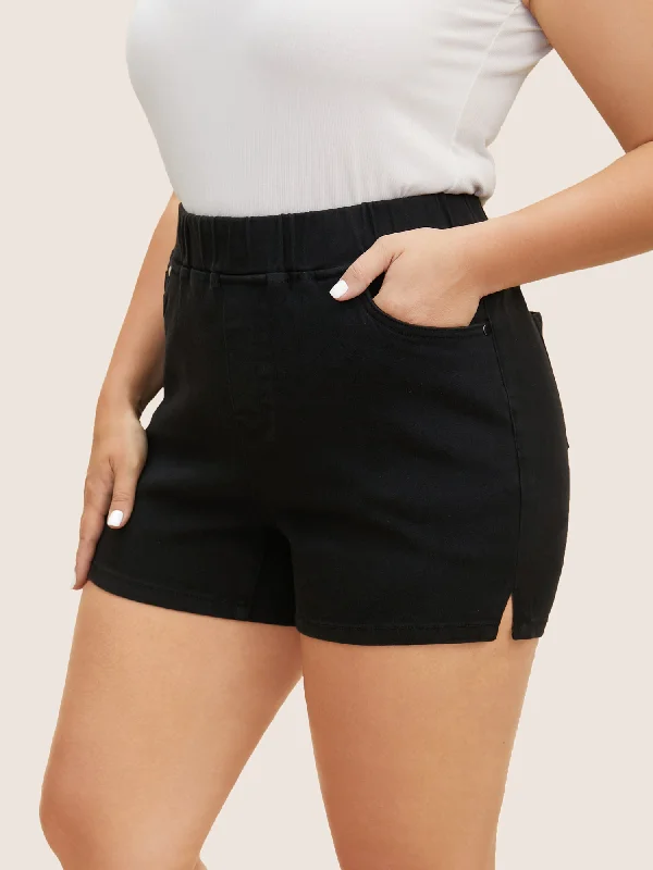 Black Wash Slit Hem Slim Denim Shorts