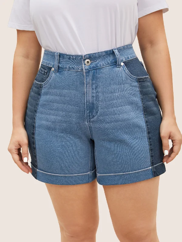 Contrast Patchwork Roll Hem Denim Shorts