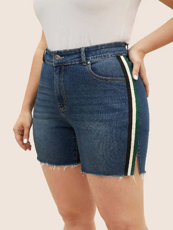 Contrast Webbing Slit Raw Hem Denim Shorts